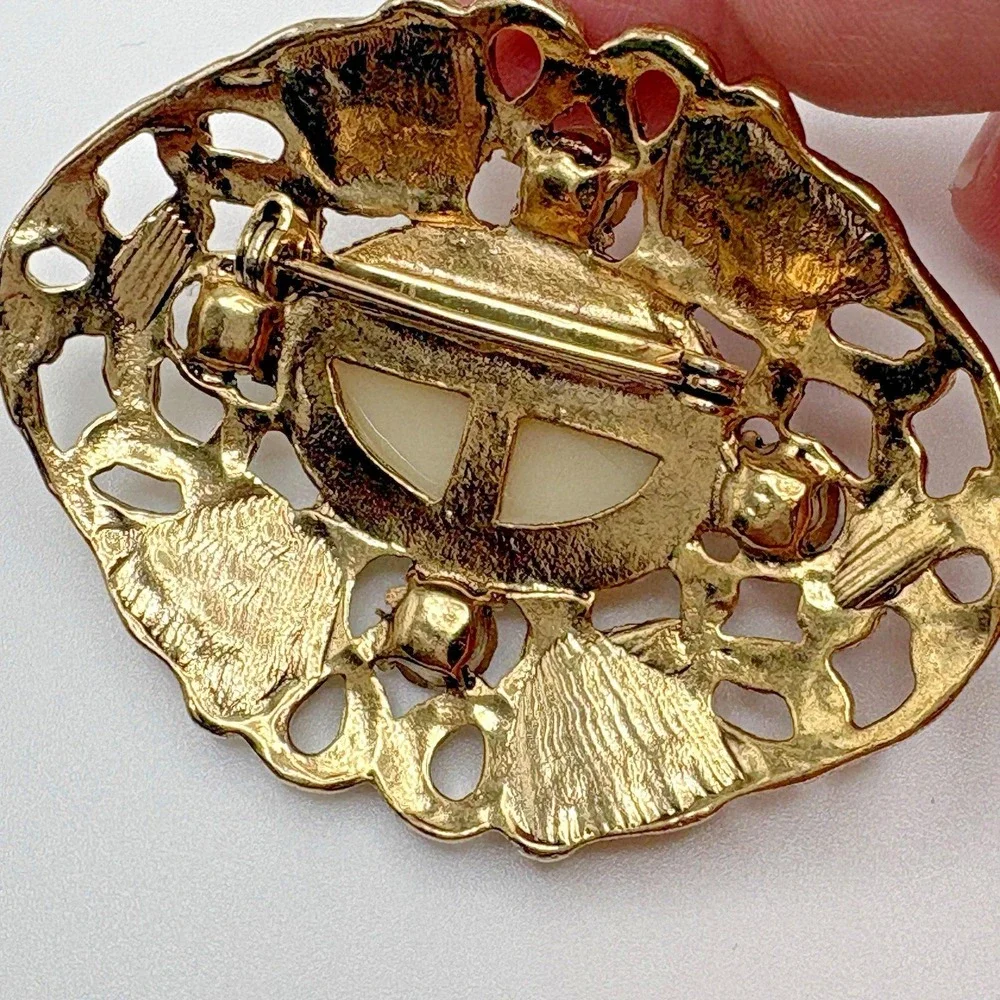 Vintage Victorian Revival Brooch Faux Pearl Scrollwork Floral Gold Tone